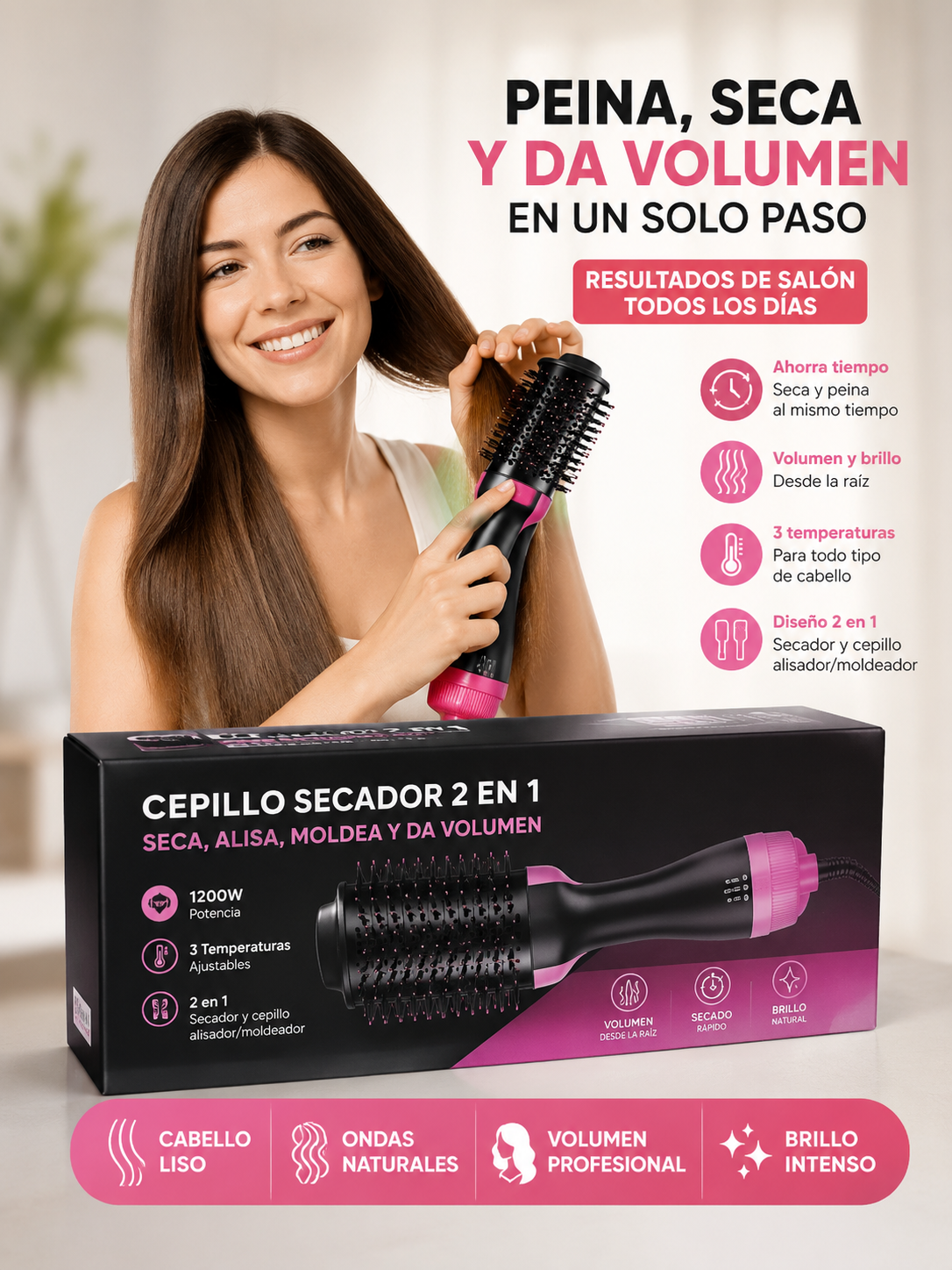 CEPILLO SECADOR 2 en 1 / Seca, Alisa, Moldea y da volumen